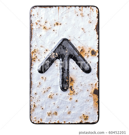 Symbol up arrow made of forged metal on the background fragment of a metal surface with cracked rust. Symbol up arrow made of forged metal on the background fragment of a metal surface with cracked rust. 60452201