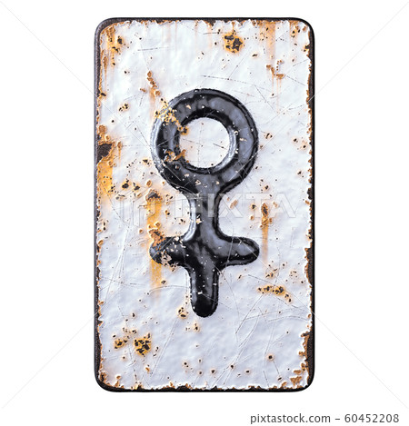 Symbol female made of forged metal on the background fragment of a metal surface with cracked rust. 60452208