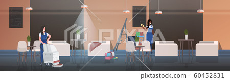 couple cleaners using rag and vacuum cleaner mix race female janitors in uniform cleaning service concept modern cafe interior horizontal full length 60452831