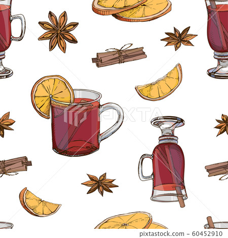 Hand drawn vector seamless pattern with popular winter alcoholic beverage. Mulled wine with spices and citrus fruit isolated on white. Print for New Year design. Endless texture. Menu decoration 60452910