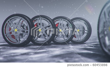 3d illustration Winter tires on a with falling snow background of snow storm, snowfall and slippery winter road. Winter tires concept. Concept tyres, winter tread. Wheel replacement. Road safety. 60453898