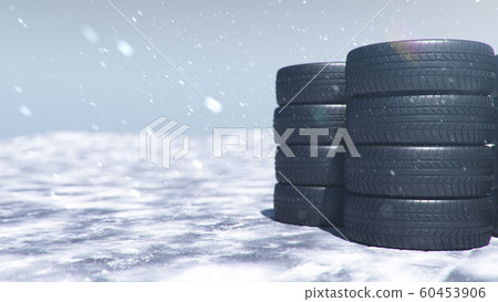 Winter tires on a background of snowstorm, snowfall and slippery winter road. Winter tires concept. Concept tyres, winter tread. Wheel replacement. Road safety. 3d illustration with falling snow Winter tires on a background of snowstorm, snowfall and slippery winter road. Winter tires concept. Concept tyres, winter tread. Wheel replacement. Road safety. 3d illustration with falling snow 60453906