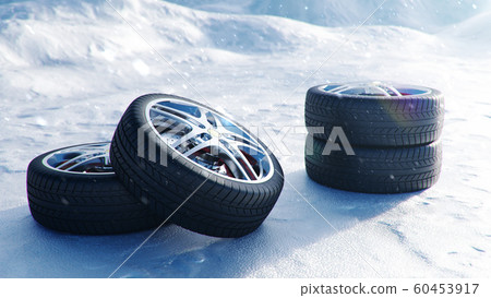 Winter tires on a background of snowstorm, snowfall and slippery winter road. Winter tires concept. Concept tyres, winter tread. Wheel replacement. Road safety. 3d illustration with falling snow 60453917
