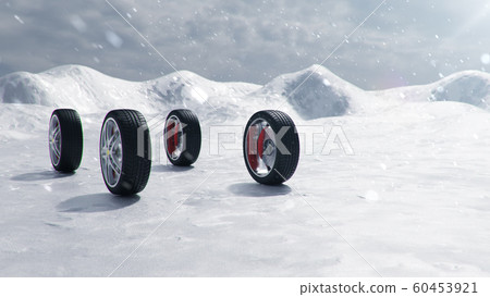Winter tires on a background of snowstorm, snowfall and slippery winter road. Winter tires concept. Concept tyres, winter tread. Wheel replacement. Road safety. 3d illustration with falling snow 60453921