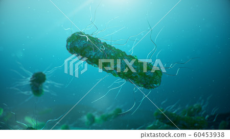 Viruses causing infectious diseases, decreased immunity. Concept of viral disease. Virus abstract background. Cell infect organism. Abstract pathogenic bacteria. Rabies virus, 3d illustration 60453938