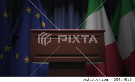 Flags of Italy and the European Union at international meeting, 3D rendering Flags of Italy and the European Union at international meeting, 3D rendering 60454938