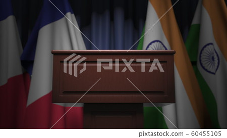 Row of flags of India and France and and speaker tribune, conceptual 3D rendering Row of flags of India and France and and speaker tribune, conceptual 3D rendering 60455105