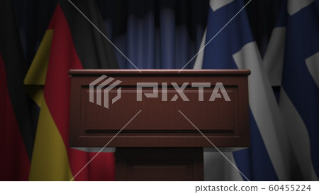 Row of flags of Finland and Germany and and speaker tribune, conceptual 3D rendering Row of flags of Finland and Germany and and speaker tribune, conceptual 3D rendering 60455224