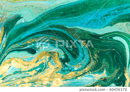 Blue, green and gold glitter pattern. Golden powder liquid texture. 60456378