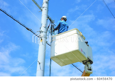 Utility pole construction Electric construction restoration work Workers 60456470