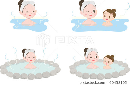 Bath, woman entering hot spring, parent and child set 60458105