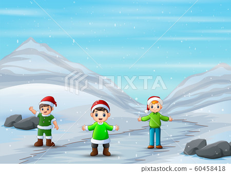 Cartoon the boys playing on snowy road 60458418