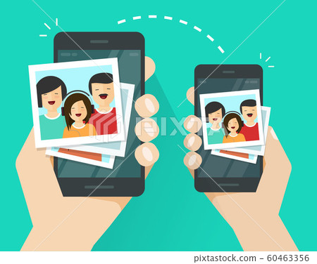 Photo pictures upload or sharing or transferring wirelessly between two connected mobile phones or cellphones vector, flat cartoon smartphones and photo files transfer network, air exchange 60463356