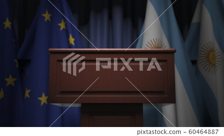 Row of flags of Argentina and the European Union EU and and speaker tribune, conceptual 3D rendering Row of flags of Argentina and the European Union EU and and speaker tribune, conceptual 3D rendering 60464887