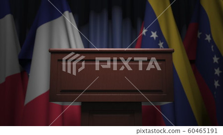Many flags of Venezuela and France behind speaker tribune, 3D rendering Many flags of Venezuela and France behind speaker tribune, 3D rendering 60465191
