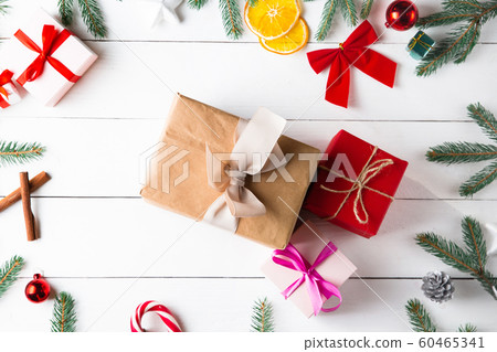 Beautiful Christmas composition on wooden white 60465341