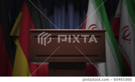 Many flags of Iran and Germany behind speaker tribune, 3D rendering 60465866