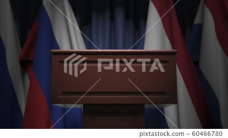 Flags of Netherlands and Russia and tribune, 3D rendering 60466780