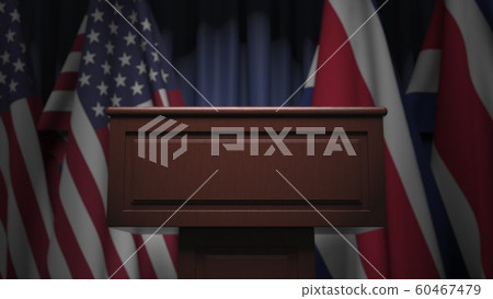 Many flags of Costa Rica and the USA behind speaker tribune, 3D rendering 60467479