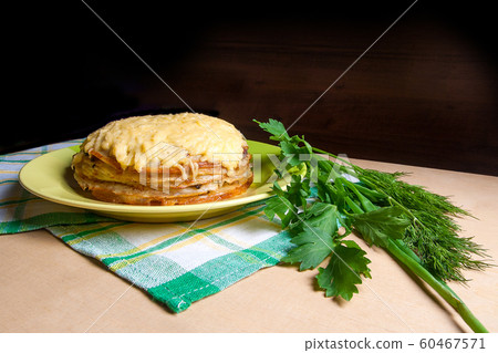 Pancakes pie with mushrooms and chicken meat. 60467571