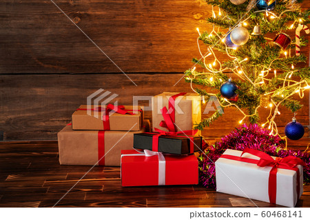 Christmas present concept with decorated christmas tree. New year concept Christmas present concept with decorated christmas tree. New year concept 60468141