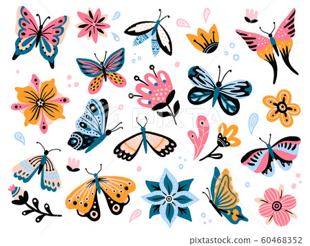 Spring flowers and butterflies. Colorful garden... - Stock Illustration ...