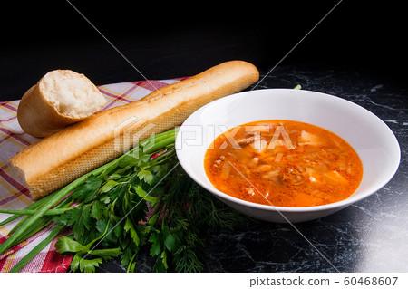 Vegetables and meat in red beetroot soup or borsch Vegetables and meat in red beetroot soup or borsch 60468607