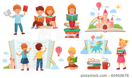 Kids Reading Book. Cartoon Child Library, Happy... - Stock Illustration ...