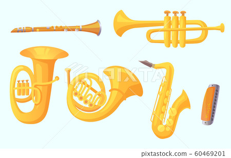 Cartoon trumpet. Winds musical instruments. Music instrument vector collection 60469201