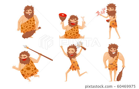 Funny Stone Age Prehistoric Man in Different Situations Vector Illustrations Set 60469975