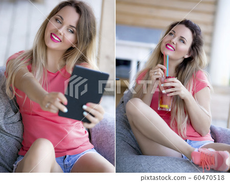 Puzzle of a woman with a tablet in her hands and a cocktail with stage makeup 60470518