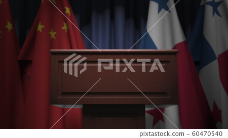 Row of flags of Panama and China and and speaker tribune, conceptual 3D rendering 60470540