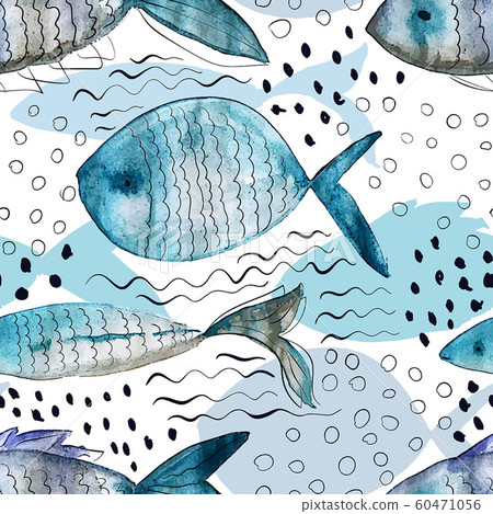 Vector Seamless Pattern with Watercolor Fish - Stock Illustration ...