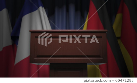 Many flags of Germany and France behind speaker tribune, 3D rendering 60471293