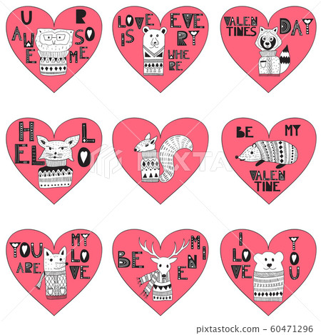 Vector Valentine's Day Hearts with  Doodle Animals 60471296