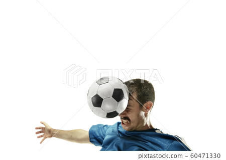 Close up of emotional man playing soccer hitting the ball with the head on isolated white background 60471330