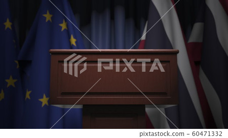 Flags of Thailand and the European Union and tribune, 3D rendering 60471332
