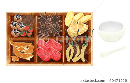Chinese medicine and mortar in a wooden box 60471926