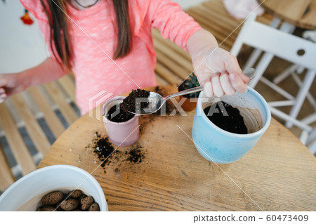 Little girl digs up the ground for rosetting with a spoon Little girl digs up the ground for rosetting with a spoon 60473409