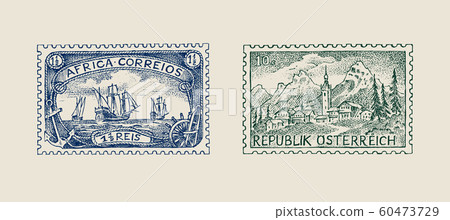 Vintage Postage stamp for album. Ancient landscapes. Retro old Sketch. Monochrome Postcard sticker 60473729