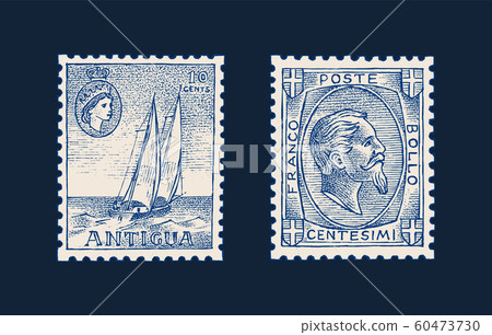 Vintage Postage stamp for album. Seascape with a sailboat. Face of a man with a beard. Retro old 60473730