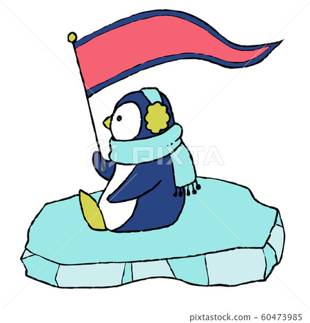 Penguin with flag sitting on ice Penguin with flag sitting on ice 60473985