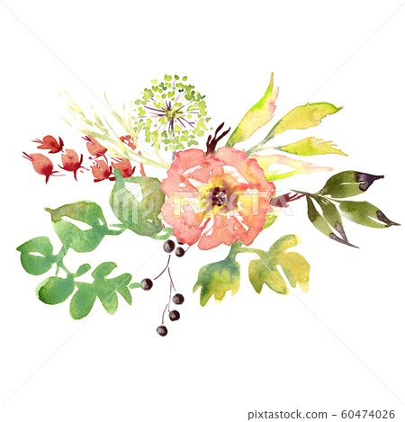 Wedding bridal romanric rustic soft flowers bouquet . Hand drawing watercolor pink and purple and orange flowers ornament Wedding bridal romanric rustic soft flowers bouquet . Hand drawing watercolor pink and purple and orange flowers ornament 60474026