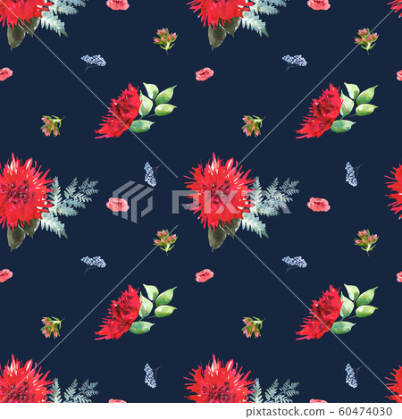 Bright Wedding bridal romanric bouquet seamless pattern. Hand drawing watercolor red and purple and green flowers ornament 60474030