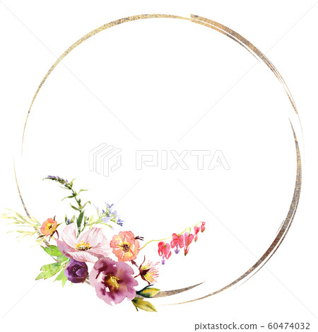 Wedding frame wreath bridal romanric rustic warm bouquet. Hand drawing watercolor pink and purple and orange flowers ornament Wedding frame wreath bridal romanric rustic warm bouquet. Hand drawing watercolor pink and purple and orange flowers ornament 60474032
