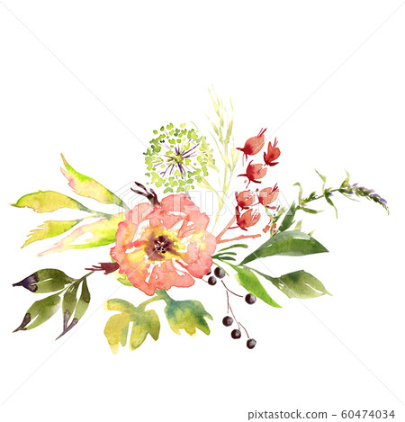 Wedding bridal romanric rustic soft flowers bouquet . Hand drawing watercolor pink and purple and orange flowers ornament Wedding bridal romanric rustic soft flowers bouquet . Hand drawing watercolor pink and purple and orange flowers ornament 60474034