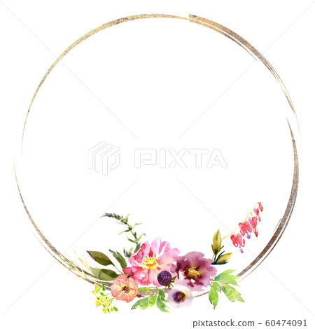 Wedding frame wreath bridal romanric rustic warm bouquet. Hand drawing watercolor pink and purple and orange flowers ornament Wedding frame wreath bridal romanric rustic warm bouquet. Hand drawing watercolor pink and purple and orange flowers ornament 60474091
