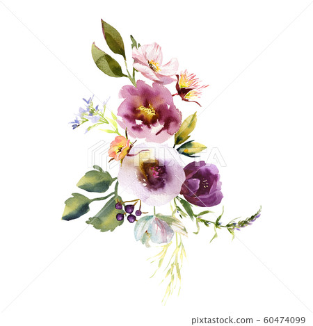 Wedding bridal romanric rustic warm bouquet. Hand drawing watercolor pink and purple and orange flowers ornament 60474099