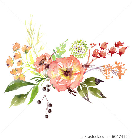 Wedding bridal romanric rustic soft flowers bouquet . Hand drawing watercolor pink and purple and orange flowers ornament Wedding bridal romanric rustic soft flowers bouquet . Hand drawing watercolor pink and purple and orange flowers ornament 60474101