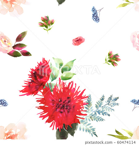 Bright Wedding bridal romanric bouquet seamless pattern. Hand drawing watercolor red and purple and green flowers ornament Bright Wedding bridal romanric bouquet seamless pattern. Hand drawing watercolor red and purple and green flowers ornament 60474114